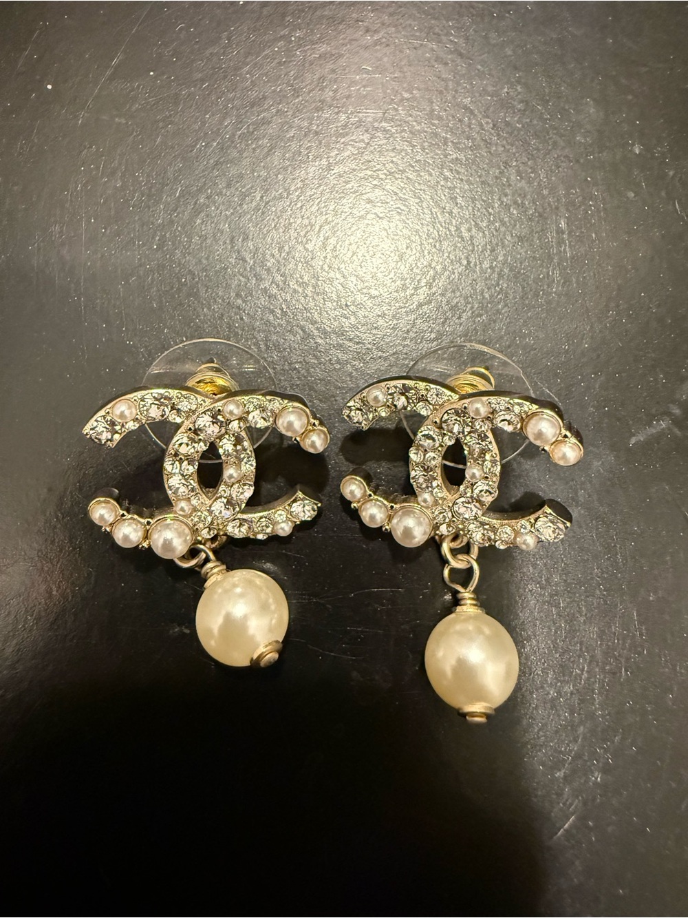 CHANEL Silver-Tone Crystal CC Logo Earrings with Pearl Drops - Picture 2 of 6